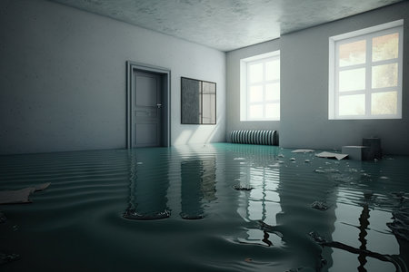 empty room with floor completely flooded in water of flooded flat interior, created with generative aiの素材