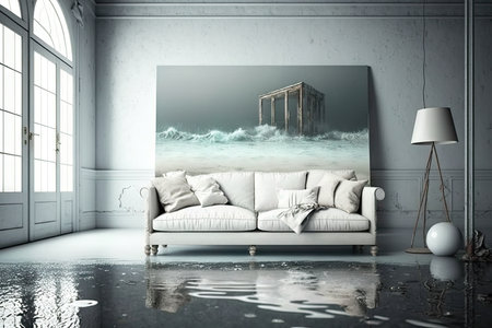 white sofa standing in water on flooded flat interior, created with generative aiの素材