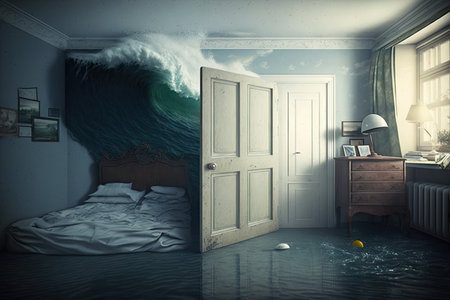 flooded flat interior of bedroom with wardrobe on wall and window, created with generative aiの素材