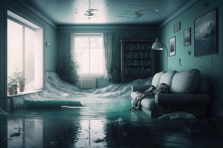 cold flooded flat interior on gloomy winter day, created with generative aiの素材