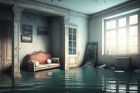 empty room with ruined furniture in water flooded flat interior, created with generative aiの素材