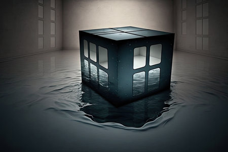 mysterious dark empty flooded flat interior in shape of cube, created with generative aiの素材
