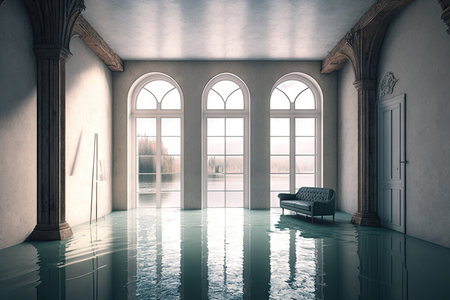 empty flooded flat interior with high ceiling and large window, created with generative aiの素材