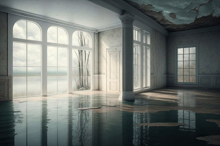 empty flooded flat interior with high ceiling and large window, created with generative aiの素材