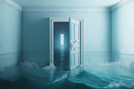 empty room with door in watery blue tones flooded flat interior, created with generative aiの素材