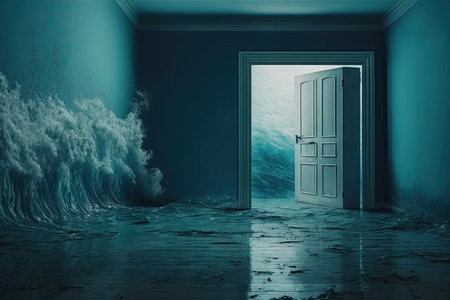 empty room with door in watery blue tones flooded flat interior, created with generative aiの素材