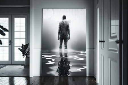 abstract human figure in black and white standing inside flooded flat interior, created with generative aiの素材
