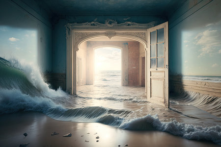 sea waves breaking on sand in ruined flooded flat interior, created with generative aiの素材