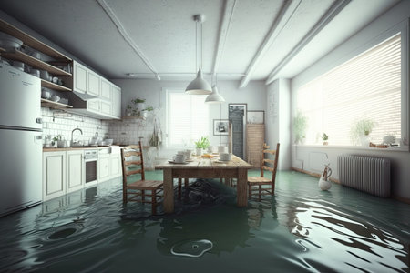 spacious kitchen with wooden floor and appliances in flooded flat interior, created with generative aiの素材