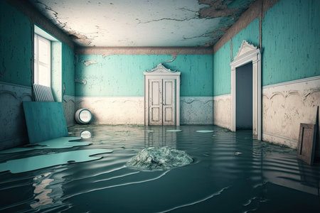 flooded flat interior of empty studio with peeling flooring and ceiling, created with generative aiの素材
