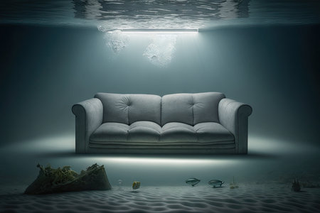 empty grey submerged sofa in flooded flat interior illuminated by flashlight, created with generative aiの素材