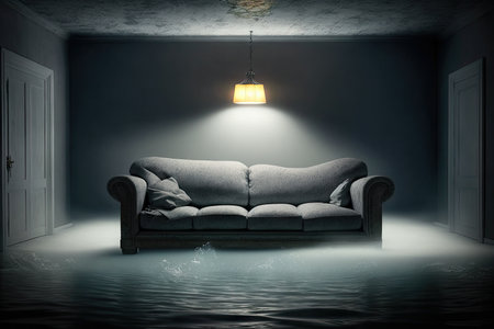 empty grey submerged sofa in flooded flat interior illuminated by flashlight, created with generative aiの素材