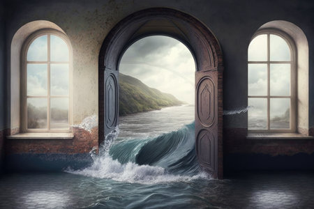 arch bridge with water rushing through window of flooded flat interior, created with generative aiの素材