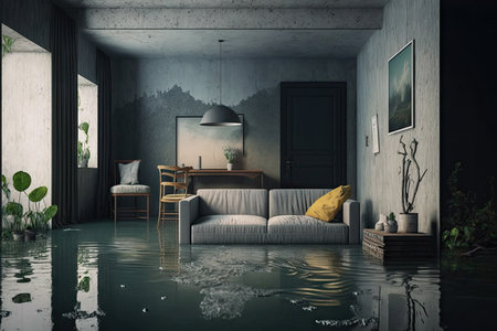 flooded flat interior with furniture on dark gray concrete floor, created with generative aiの素材