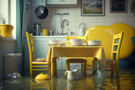 yellow table with kitchen utensils in apartment after storm flooded flat interior, created with generative aiの素材