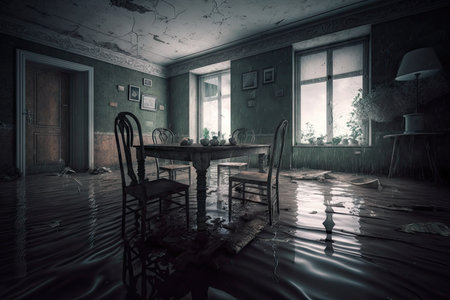 dark abandoned room with tables and floorboards in flooded flat interior, created with generative aiの素材