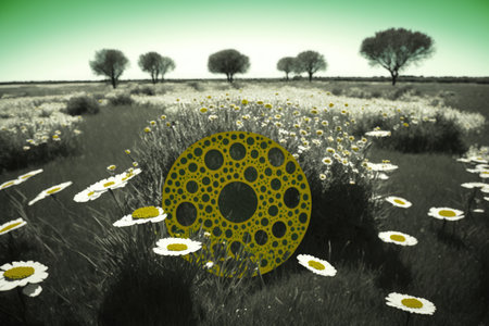 large green circles with yellow middle in flower meadow in spring, created with generative aiの素材