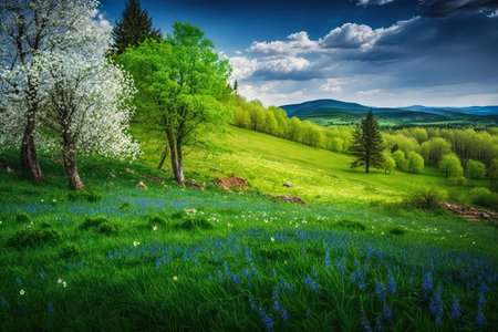 blue hills with trees and lush green foliage in nature flower meadow in spring, created with generative aiの素材
