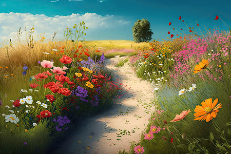 sunny path through flower meadow in spring with bright and multicolored flowers, created with generative aiの素材