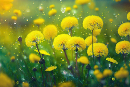 pollen-covered yellow flower meadow in spring with colorful dandelions, created with generative aiの素材
