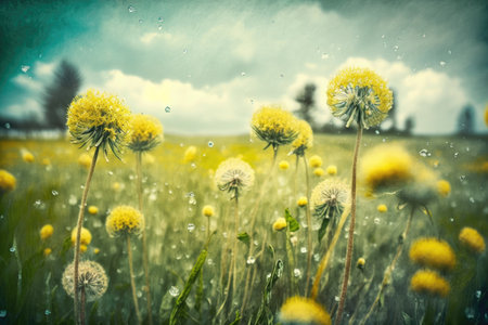 pollen-covered yellow flower meadow in spring with colorful dandelions, created with generative aiの素材