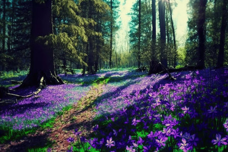 purple flowers in clearing in forest on sunny day flower meadow in spring, created with generative aiの素材