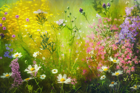 blooming flowers and flowering shrubs in bright summer flower meadow in spring, created with generative aiの素材