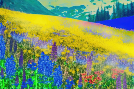 bright yellow blue and purple flowers on slopes of flower meadow in spring, created with generative aiの素材