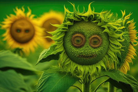 large sunflower heads on green background of flower meadow in spring, created with generative aiの素材