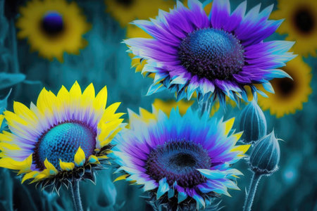 beautiful bright flowers of blue purple color in sunflower flower meadow in spring, created with generative aiの素材