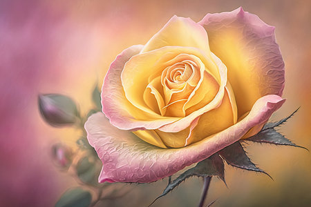 blooming bright yellow rose on blurred background of flowers on pastel pink, created with generative aiの素材
