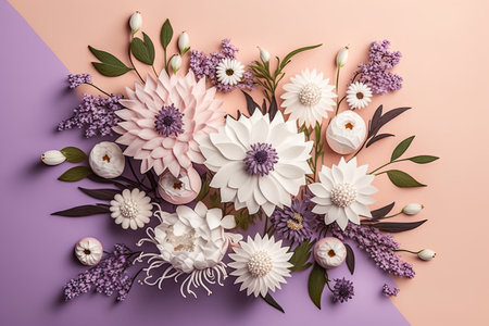 spring bouquet of beautiful white and purple flowers on pastel pink background, created with generative aiの素材
