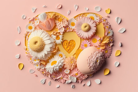 round bright petals with yellow heart on flowers on pastel pink background, created with generative aiの素材