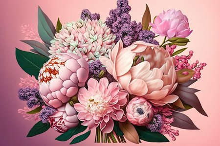 spring floral bouquet with peonies and hyacinth on blurry background of flowers on pastel pink, created with generative aiの素材
