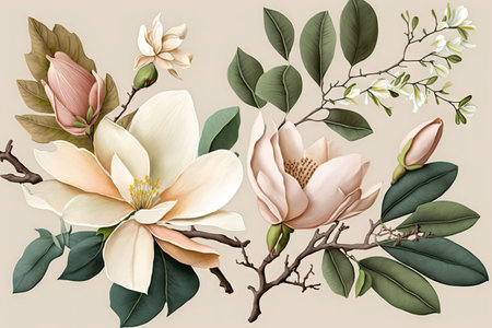 delicate spring composition of magnolia, peach flowers and green stems, created with generative aiの素材