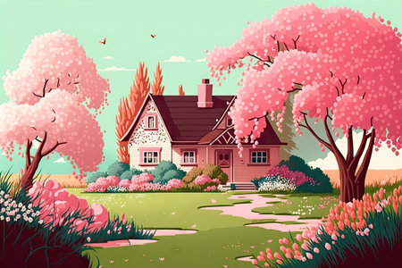 summer cottage lawn with flowering trees and bright flowers on pastel pink background, created with generative aiの素材