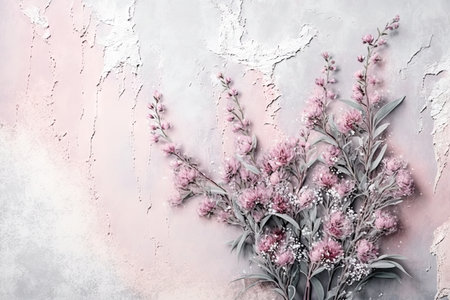 grey light concrete wall with delicate pastel pink sprays of flowers on pastel pink background, created with generative aiの素材