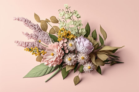new spring bouquet with delicate flowers on pastel pink background, created with generative aiの素材