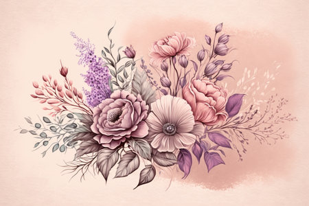 delicate spring bouquet of pink and purple flowers on pastel pink background, created with generative aiの素材