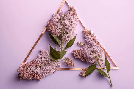 triangular bouquet of delicate lilac flowers on pastel pink background, created with generative aiの素材