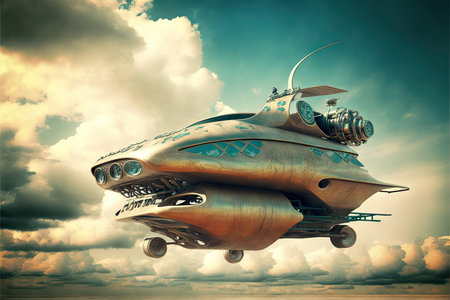 metal futuristic urban transport vehicle flying among clouds, created with generative aiの素材