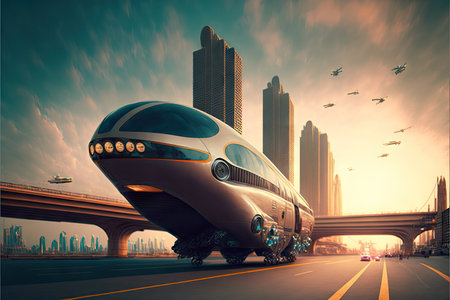 futuristic flying urban transport with highway corridor end of future, created with generative aiの素材