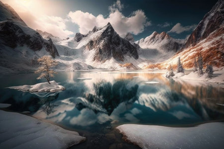 beautiful frozen lake surrounded by mountains in a wintery landscape., created with generative aiの素材