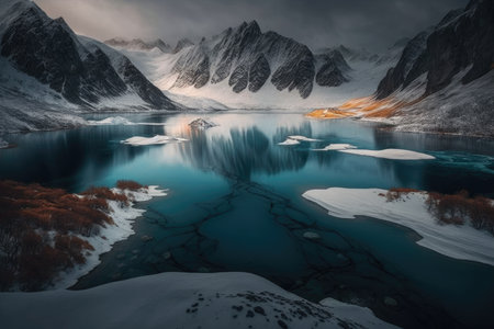 beautiful frozen lake surrounded by mountains in a wintery landscape., created with generative aiの素材