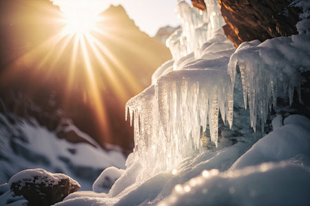 a close-up of a frozen waterfall, with ice crystals sparkling in the sun., created with generative aiの素材