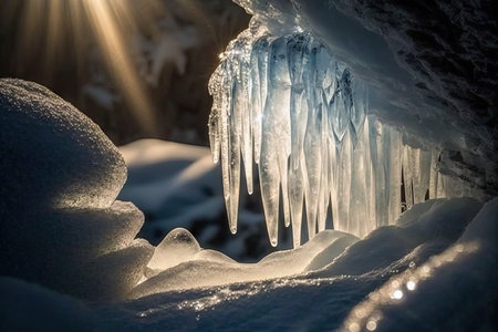 a close-up of a frozen waterfall, with ice crystals sparkling in the sun., created with generative aiの素材