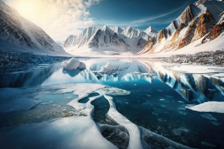 a stunning view of a frozen fiord, with snow-covered mountains in the background and blue sky above., created with generative aiの素材