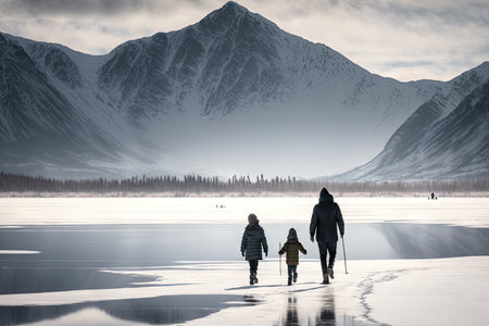 a family hiking along a frozen lake with mountains in the background., created with generative aiの素材
