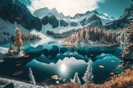 a panoramic view of a frozen lake surrounded by majestic mountains and evergreens., created with generative aiの素材