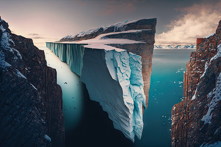 a panoramic shot of a steep cliff face and the frozen ocean below, with icebergs floating in the distance., created with generative aiの素材